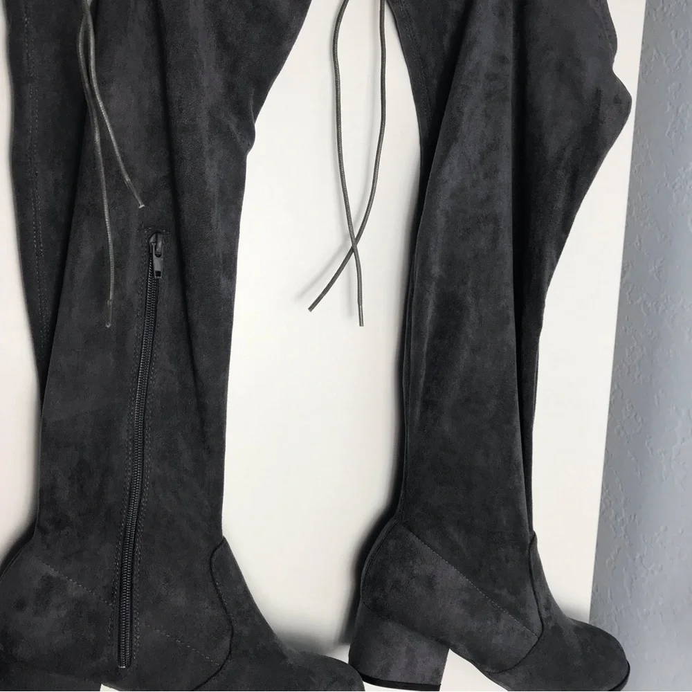 NWOT Gray Faux Suede Over the Knee Boots | Block Heel Tie Back Zip | Fall Winter